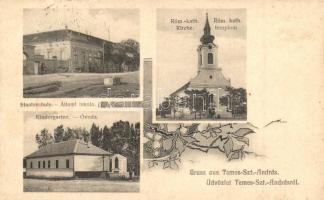 Temesszentandrás, Sanandrei; Állami iskola, Római katolikus templom, Óvoda / school, church, kindergarten, floral (fl)