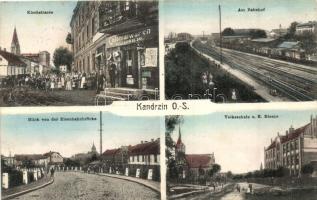 Kedzierzyn, Kandrzin; Kirchstrasse, Bahnhof, Volksschule, Blick von der Eisenbahnbrücke, Colonialwaren Hugo Kowalski / street, railway station, school, shop, Verlag Hugo Kowalski