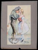 Pólya Tibor (1886-1937): Szerelmes csók. Vegyes technika, papír, foltos, jelzett, 27×16 cm