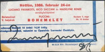 1986 Luciano Pavarotti (1935-2007) operaénekes aláírása budapesti fellépésének műsorlapján