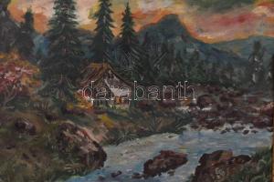 Jelzés nélkül: Ház a patak mellett. Olaj, vászon, keretben, 41×54 cm