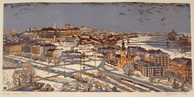 Csavlek András (1942-): budai vár télen. Színes linómetszet, papír, jelzett, felcsavarva, 25×52 cm