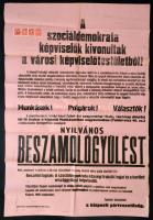 1928 Szociáldemokrata politikai plakát, a kispesti szociáldemokraták felhívása a helyi munkásokhoz, polgárokhoz hivatalos beszámológyűlés ügyében, a hajtásoknál néhol szakadt, okmánybélyegekkel, 92x62 cm.