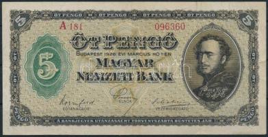 1926. 5P T:III szép papír Hungary 1926. 5 Pengő C:F nice paper Adamo P3