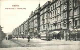 Budapest VII. Erzsébet körút, villamosok, Leopold Gyula üzlete, bank