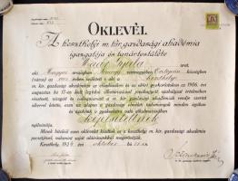 1924 A keszthelyi Magyar Királyi Gazdasági Akadémia oklevele, okmánybélyeggel, szárazpecséttel, Sztankovics János (1869-1938) igazgató és Sass Gábor (1891-1980) egyetemi tanár aláírásával, eredeti tokban, jó állapotban.