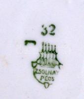 Zsolnay teás csészealjak (9db), matricás, jelzett, kopott, d:15 db (9 db)