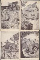 7 db RÉGI használatlan humoros autós grafikai lap, vegyes minőség, G. Conrad szignóval / Les Incidents de la Route - 7 old unused humorous automobile graphic art postcards, signed by G. Conrad