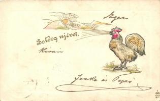 New Year, rooster, Emb. Füllhorn art postcard (EK)