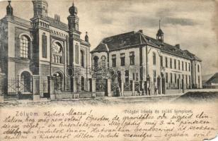 Zólyom, Zvolen; Polgári iskola és zsidó templom, zsinagóga, kiadja Jaranek Sándor / school, synagogue (b)