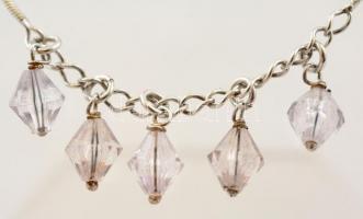 Ezüst(Ag), halványlila gyöngyökkel díszített nyaklánc, állítható hosszúságú, jelzett, h: 42 cm, brut...