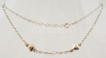 Ezüst(Ag), szívekkel és gyönggyel díszített bokalánc, állítható hosszúságú, jelzett, h: 22 cm, bruttó: 3,3 g