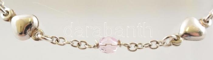 Ezüst(Ag), szívekkel és gyönggyel díszített bokalánc, állítható hosszúságú, jelzett, h: 22 cm, brutt...