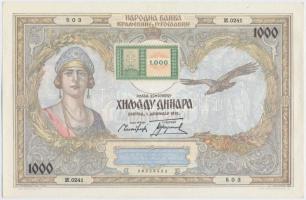 Jugoszlávia / Bácska magyar megszállás 1941. (1931) 1000D rajta magyar 1000P-ős bélyeggel T:I- csak sarokhajlás! RRR! Yugoslavia / Hungarian occupation of Backa 1941. (1931) 1000 Dinara with Hungarian 1000 Pengő stamp C:AU only folded corner, VERY RARE! Krause R9A