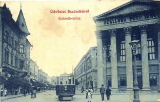 Szabadka, Subotica; Kossuth utca, villamos, Szálloda Pest Városához, kiadja Wilhelm Samu / street, tram, hotel (fl)