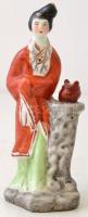 Távol keleti porcelán tárgyak: Buddha női figura, kosár, részben kézzel festett, kosár jelzett, hibá...