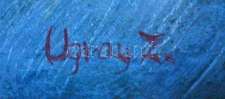 Ugray jelzéssel: Egyedül a parton. Olaj, farost, 25x20 cm