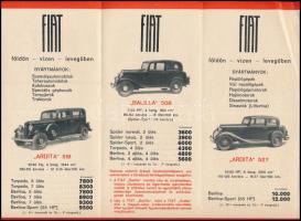 cca 1930 Fiat automobilok kihajtható, képes reklámnyomtatványa.