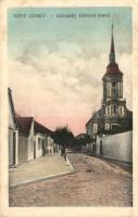 Érsekújvár, Nové Zamky; Utcarészlet, Szlovák kolostortemplom / Slovensky klásterní kostol / street, church (fl)