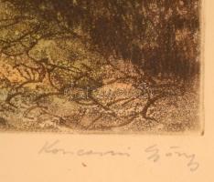 Konecsni György (1908-1970): Reggel. Színezett rézkarc, papír, jelzett, üvegezett keretben, 29×39 cm