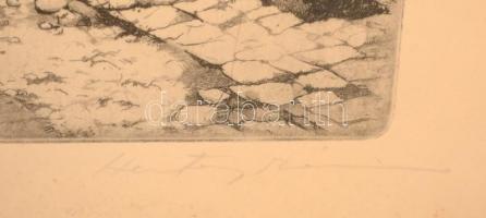 Hertay Mária (1932-): Ófalu. Rézkarc, papír, jelzett, üvegezett keretben, 40×29 cm