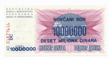 Bosznia-Hercegovina 1993. (1992) 50D Novcani Bon 10.000.000 Deset Miliona Dinara felülbélyegzéssel T:I- Bosnia-Herzegovina 1993. (1992) 50 Dinara with Novcani Bon 10.000.000 Deset Miliona Dinara overprint C:AU Krause 36