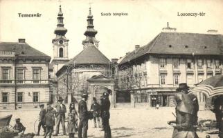 Temesvár, Timisoara; Losonczy tér, Szerb templom, Kerschek és Kubitsek üzlete / square, church, shop