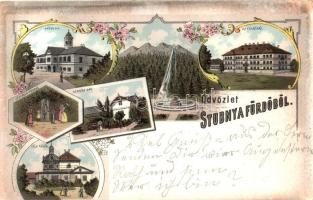 1898 Stubnyafürdő, Turcianske Teplice; kápolna, új fürdőház, Kertész-lak, Stefánia forrás, Zöld-tükör / chapel, spa, villa, spring, hotel, floral, litho