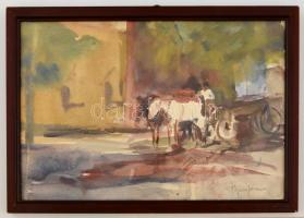 Bíró Ferenc (1935-1981): Várakozó lovaskocsi. Akvarell, papír, jelzett, üvegezett keretben, 23×34 cm