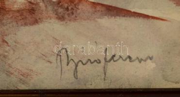 Bíró Ferenc (1935-1981): Várakozó lovaskocsi. Akvarell, papír, jelzett, üvegezett keretben, 23×34 cm