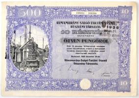 Budapest 1925. "Rimamurány-Salgó-Tarjáni Vasmű Részvény-Társaság" 10 részvénye egyenként 50P-ről szelvényekkel, szárazpecséttel és felülbélyegzésekkel T:II- tűnyom