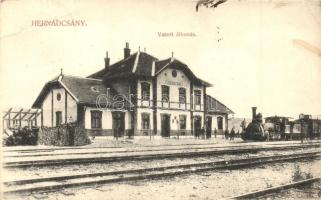 Hernádcsány, Cana; vasútállomás, gőzmozdony, Felvétel és fénynyomat Divald K. fia / railway station, locomotive (EB)