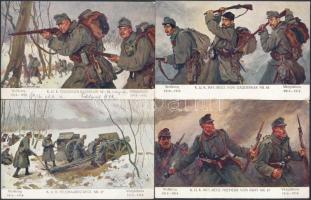 5 db I. világháborús katonai szignós művészlap; K. u. K. egységek / 5 WWI military art postcar, artist signed; K. u. K. troops