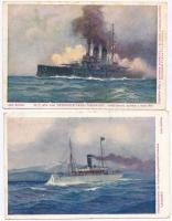5 db RÉGI szignós motívumos képeslap; hajó, hadihajó / 5 pre-1945 artist signed motive postcards; ship, warship