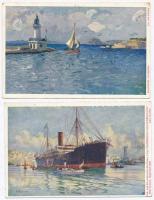 5 db RÉGI szignós motívumos képeslap; hajó, hadihajó / 5 pre-1945 artist signed motive postcards; sh...