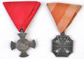 1916. Vas Érdemkereszt cherardírozott hadifém kitüntetés nem saját vörös szalaggal + Károly-csapatkereszt cink kitüntetés mellszalaggal T:2 Hungary 1916. Iron Merit Cross war metal decoration with corrosion protection and not its own ribbon + Charles Troop Cross Zn decoration with ribbon C:XF NMK 228;295.