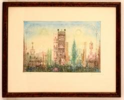 Gross Arnold (1929-2015): Emlékek kertje II. Színes rézkarc (próba), papír, jelzett, üvegezett  kere...