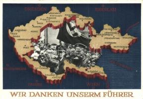 Wir danken unserm Führer / Adolf Hitler, Konrad Henlein, NS propaganda, map of the Czech Republic, 6 Ga. (kis szakadás / small tear)