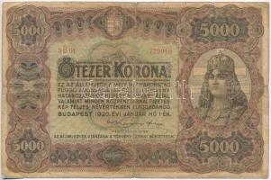 1920. 5000K &quot;Orell Füssli Zürich&quot; piros sorozat- és sorszám T:III- ly.  Hungary 1920. 5000 Korona &quot;Orell Füssli Zürich&quot; with red serial number C:VG hole Adamo K38