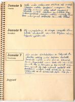 1945 Papírnyomda spirálozott naptára, bejegyzésekkel, első sorban január-február hónapjainál az ostr...