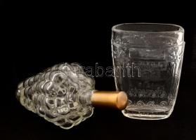 Schmidt Viktor ivópohár, préselt üveg, apró lepattanással, m:10cm + szőlő formájú üveg fém dugóval, 16cm