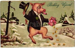 Boldog Újévet! / New Year, gentleman pig with cigar, litho (wet damage)