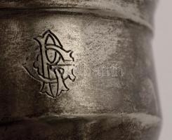 Üvegbetétes fém fagylaltos kehely, "R. G." monogrammal, d: 10 cm + fém kanál, h: 13 cm