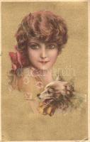 Golden Italian art postcard, lady with dog, Anna & Gasparini No. 124-2. (ázott sarok / wet corner)