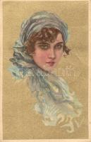 Golden Italian art postcard, lady, Anna & Gasparini No. 123-4.