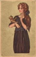 Golden Italian art postcard, lady, Anna & Gasparini No. 121-3. (EK)