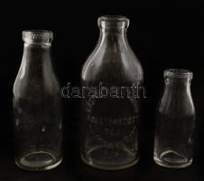 3 db tejes üveg, mindegyik feliratozott(0,5, 0,25 és 1 l), egyiken csorbával, 3 db, m: 15, 21 és 23 cm