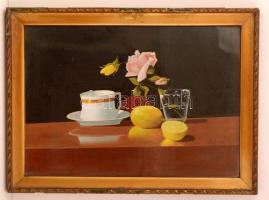 Farkas jelzéssel: Csendélet citrommal. Olaj, karton, üvegezett keretben, 36×49 cm