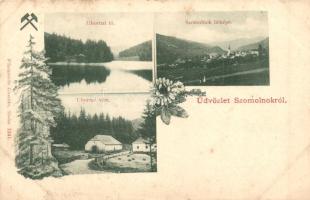 Szomolnok, Smolnik; Látkép, Uhrnai tó és vám, kiadja Wlaszlovits Gusztáv / general view, lake, tax office, floral