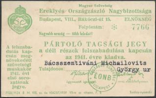 1941 Bp. VIII., A Magyar Szövetség Ereklyés Országzászló Nagybizottságának pártoló tagsági jegye